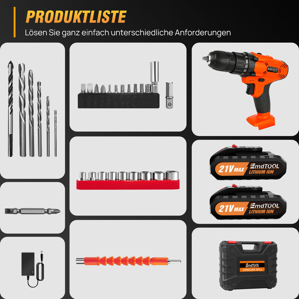 Akku-Bohrschrauber 21V – 2 Akkus, 45 Nm, 25+1 Stufen, LED, 29-tlg. Set