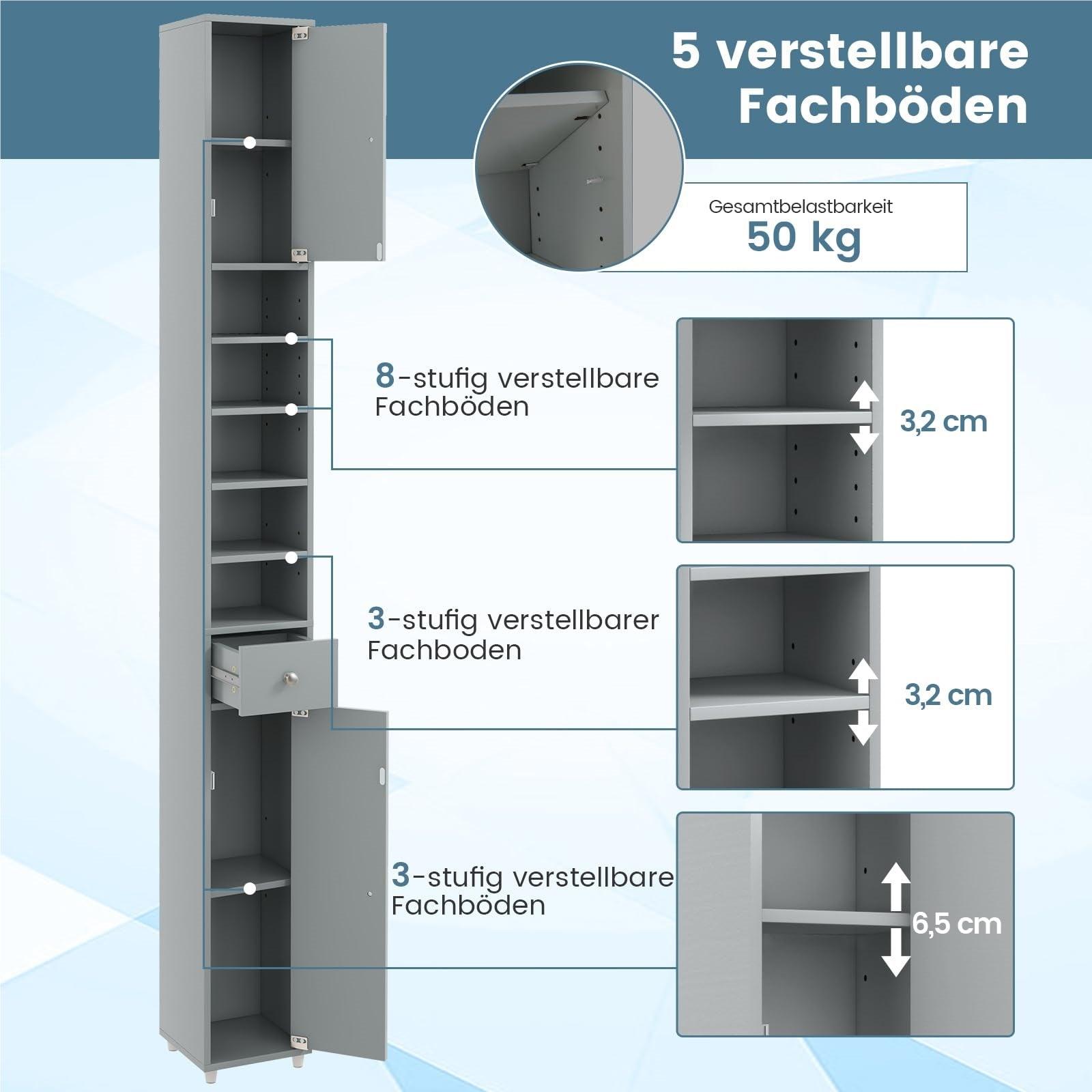 Schmaler Badezimmerschrank 20x20x180 cm | 2 Türen, Schublade & Regalböden