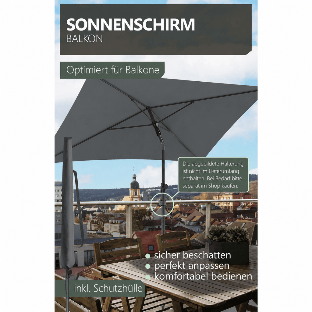 Balkon-Sonnenschirm 200x125 cm UV50+ – Höhenverstellbar, faltbar, mit Schutzhülle