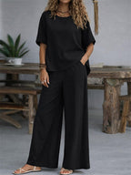Damen Casual 2-teiliges Set – Kurzarm Shirt & Weite Hose, Einfarbig
