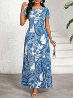 Damen Elegantes Bedrucktes Maxikleid – Rundhals, Kurzarm, Sommerkleid A-Linie