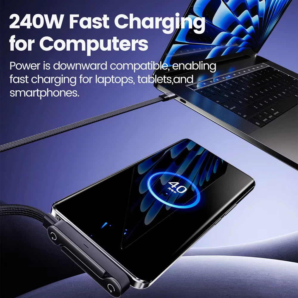 240W USB-C Schnellladekabel mit Halterung – Geflochtenes Typ-C Kabel 1,5m für iPhone & Samsung