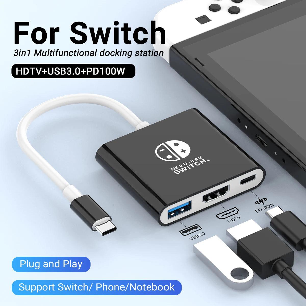 3-in-1 USB-C Hub – HDMI 4K, PD 100W Schnellladung & USB 3.0 für Switch, MacBook & Laptop