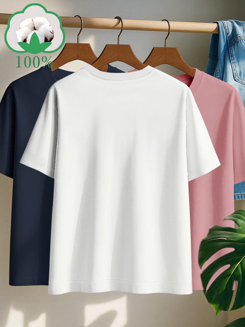 3er-Set Damen T-Shirts Kurzarm Rundhals 100% Baumwolle – Basic Sommer Tops