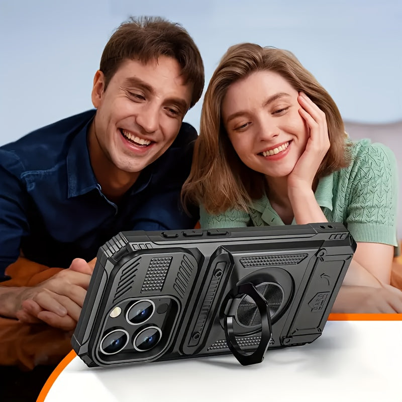 Stoßfeste Handyhülle mit Metallhalter & Dual-Kartenslot – iPhone 11–17 Pro Max & Air