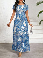 Damen Elegantes Bedrucktes Maxikleid – Rundhals, Kurzarm, Sommerkleid A-Linie