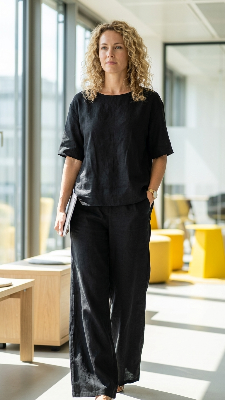 Damen Casual 2-teiliges Set – Kurzarm Shirt & Weite Hose, Einfarbig